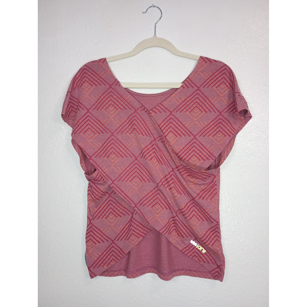 Janji Womens Crossover Back Running Top Pink Geometric Short Sleeve Activewear